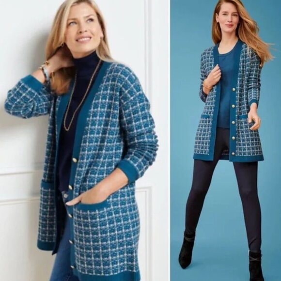 🦋 Talbots Gorgeous Teal Gray Woven Plaid Merino Wool Cardigan Pockets XS Petite - Picture 1 of 7